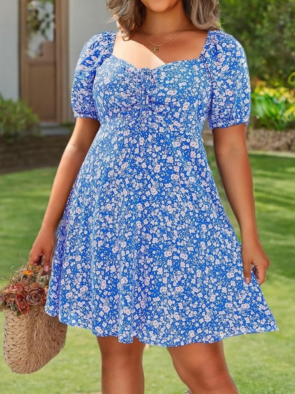 Pinup Fashion Blue Puff Sleeve Smocked Summer Cute Plus Size Mini Dress Sundress